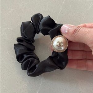 Elegant Black Scrunchie with Pearl Accent